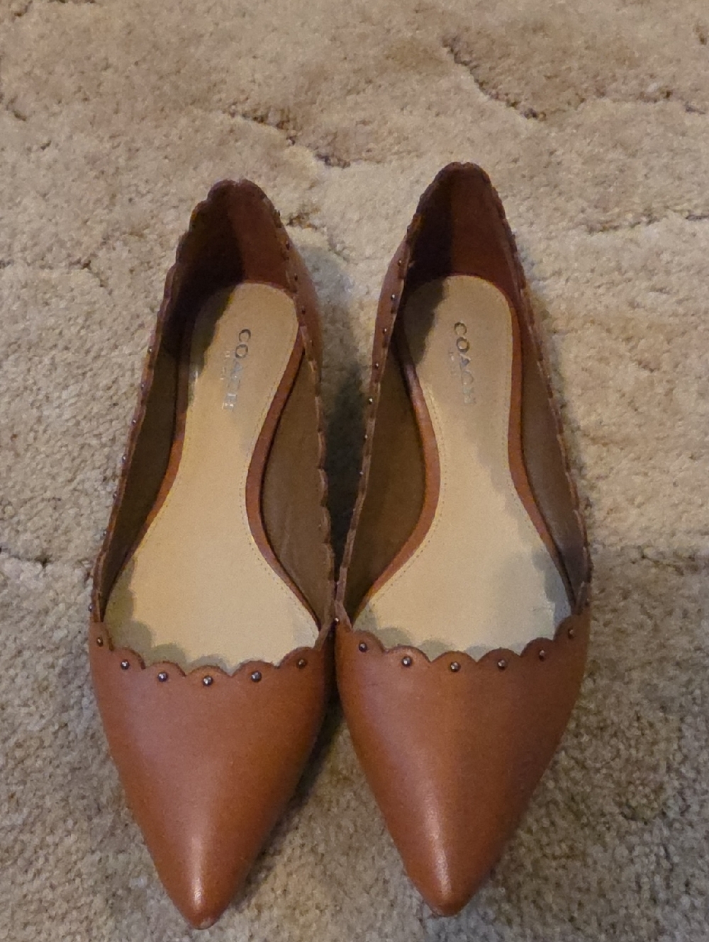 COACH Brown Pointed-Toe Leather Scalloped Flats
